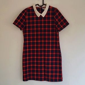 Plaid Short Sleeve Mini Shift Dress with Collar
